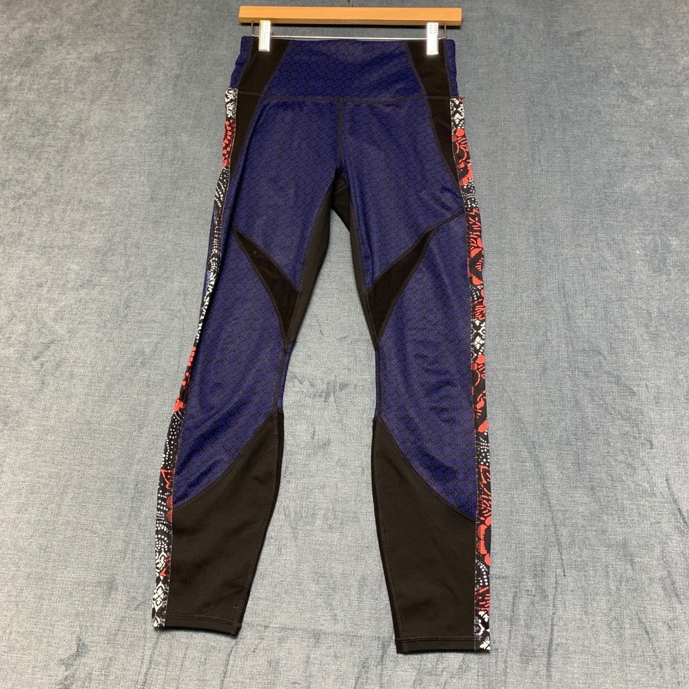 Athleta Leggings Women Small Blue Black Geometric Salutation Mesh High Rise Yoga